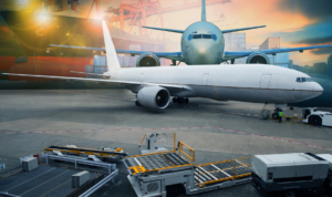 Foto de avión y carros de transporte de mercancías